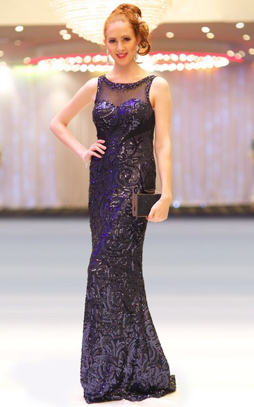 Sheath Scoop-Neck Sleeveless Floor-Length Beaded Sequins Prom Dress