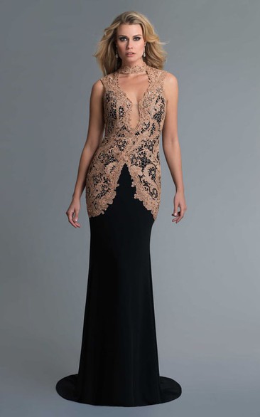 Mermaid Long High Neck Sleeveless Jersey Keyhole Dress With Lace