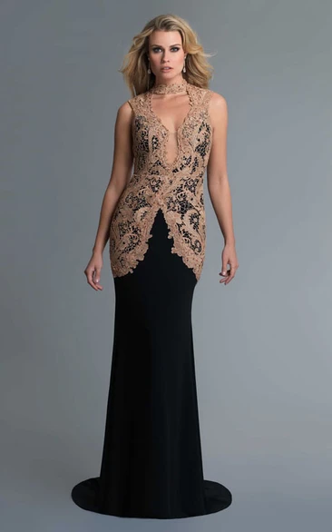 Mermaid Long High Neck Sleeveless Jersey Keyhole Dress With Lace