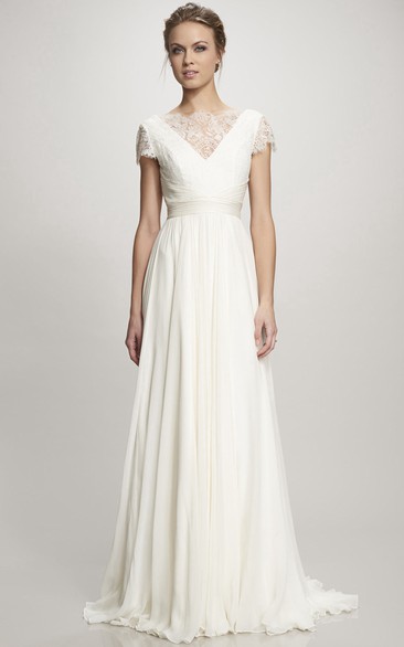 Bateau Maxi Ruched Cap-Sleeve Chiffon Wedding Dress With Sweep Train And V Back