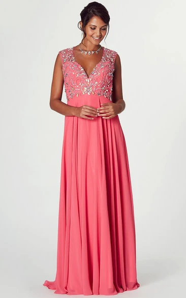 V-Neck Crystal Cap Sleeve Chiffon Prom Dress With Keyhole