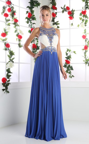 A-Line Scoop-Neck Sleeveless Chiffon Illusion Dress With Pleats And Beading