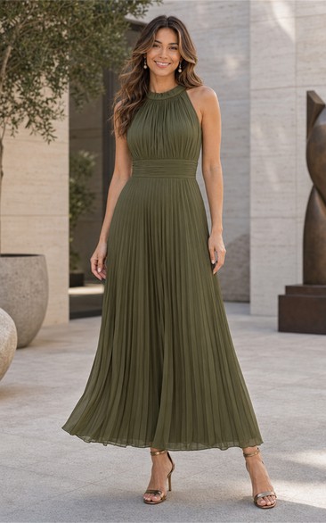 Dark Green Pleated Halter Chiffon Tea Dress