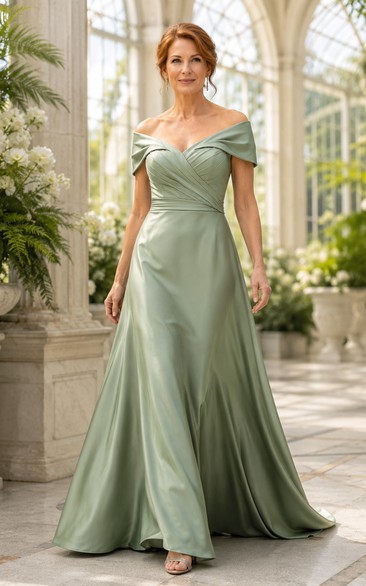 Plus Size Salbeigrünes schulterfreies A-Linien-Kleid aus Satin mit gerafftem Oberteil