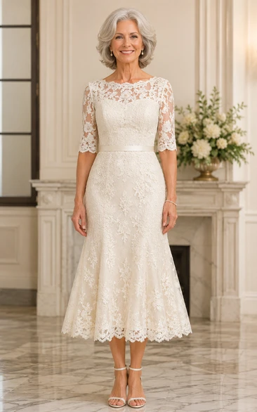 Tea Length Allover Lace Older Brides Wedding Dress with Long Sleeve Sleeves
