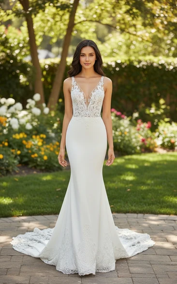 V-Neck Lace Fit and Flare Sheath Wedding Dress
