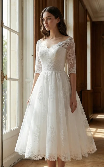 Vintage Tea Length Wedding Dress Lace Tulle A-Line 3/4 Sleeve Bridal Gown