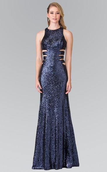 Sheath Floor-Length Jewel-Neck Sleeveless Sequins Dress With Pleats