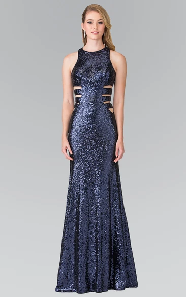 Sheath Floor-Length Jewel-Neck Sleeveless Sequins Dress With Pleats