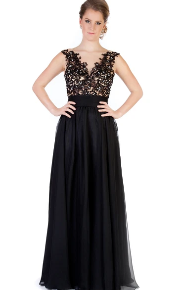 A-Line Appliqued Bateau-Neck Cap-Sleeve Floor-Length Evening Dress With Pleats