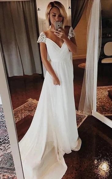 Cap Chiffon Criss-cross Ruched Casual Summer Wedding Dress with Sweep Train