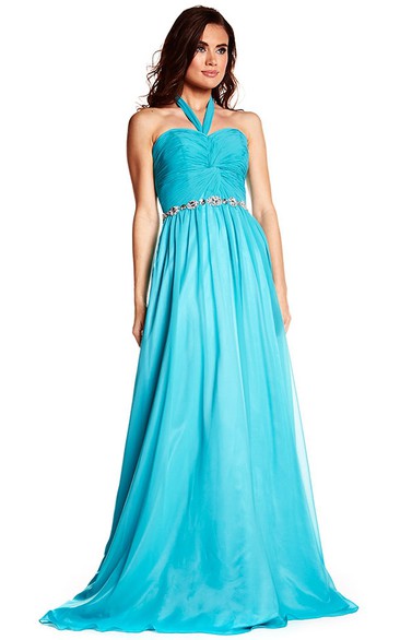 Halter Sleeveless Criss-Cross Chiffon Prom Dress