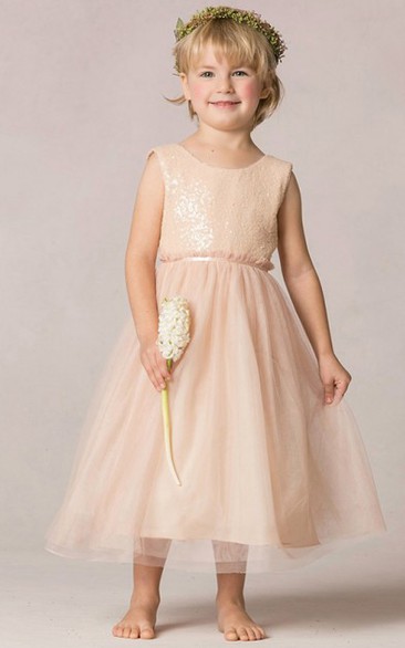 A-Line Sequined Scoop-Neck Tea-Length Sleeveless Tulle Flower Girl Dress