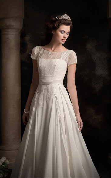 Scoop-neck Short-sleeve Empire A-line Chiffon Modest Wedding Dress with Lace Top