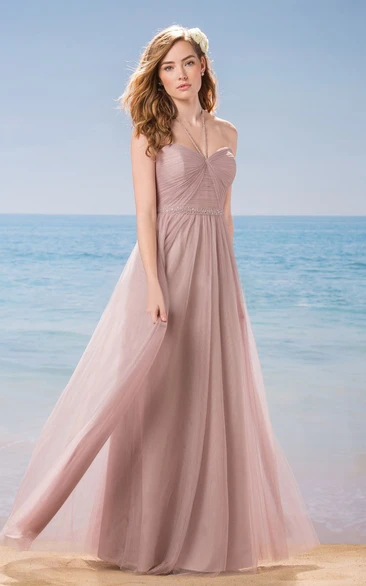 Halter A-Line Long Bridesmaid Dress With Ruching And Sequins