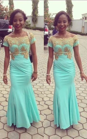 Modern Mermaid Off-the-shoulder Prom Dress Appliques Short Sleeve