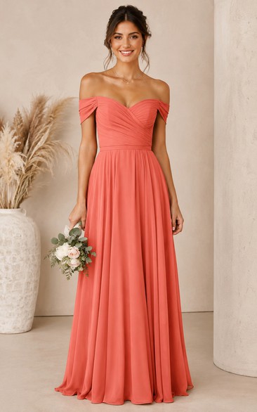 Coral Off-the-Shoulder A-Line Chiffon Bridesmaid Dress