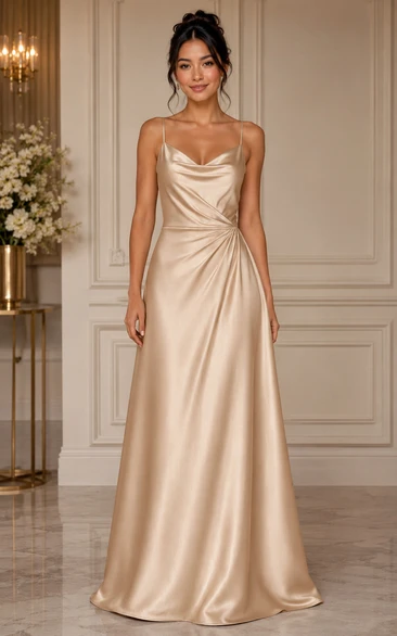 Champagne Satin Cowl A-Line Bridesmaid Dress
