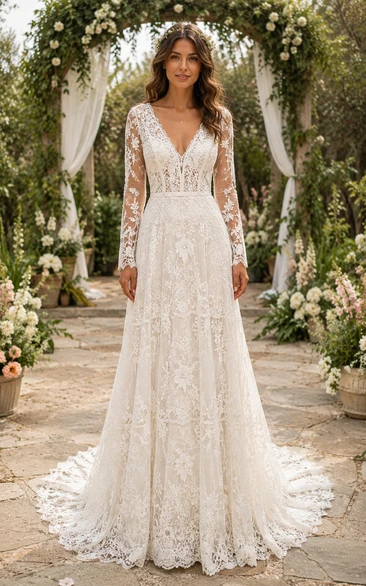 Boho A-Line Wedding Dress Long Sleeve V-Neck Tulle Lace Applique Floor Length Chapel Train Ivory