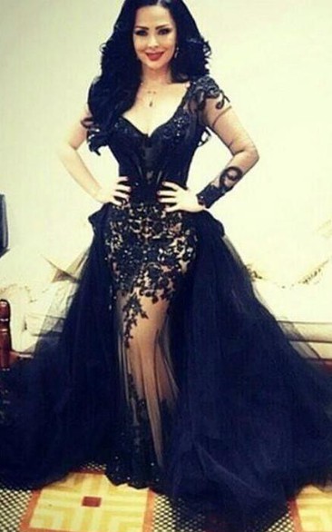 Sexy Tulle Lace Appliques Evening Dress Long Sleeve Court Train