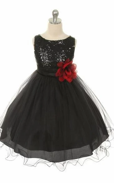 Floral Tea-Length Floral Sequins&Satin Flower Girl Dress With Sash