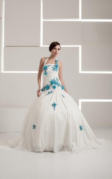 Haltered Appliqued A-Line Ruching and Gown With Flower