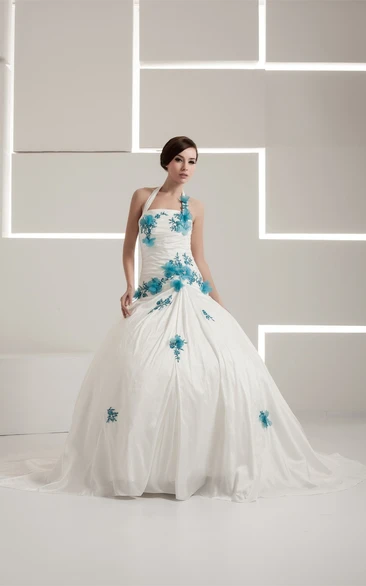 Haltered Appliqued A-Line Ruching and Gown With Flower
