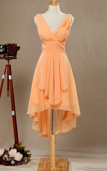 V Neck A-line Pleated Chiffon High Low Dress With Side Draping