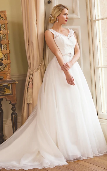 Maxi V-Neck Jeweled Tulle Wedding Dress With Court Train And Illusion
