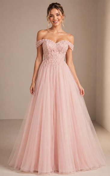 A-Line Lace Prom Dress with Off-the-shoulder, Sleeveless and Lace Ruching, Floor Length