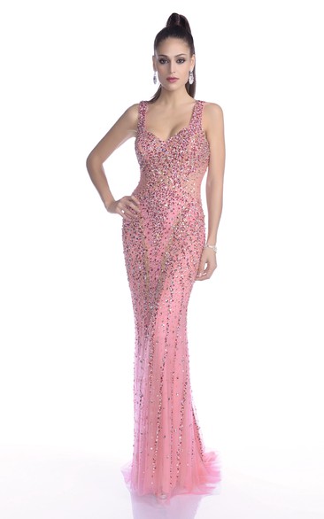 V-Neck Sheath Sleeveless Crystal Detailed Tulle Gown With Low-U Back