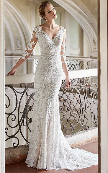 Sheath Maxi V-Neck 3-4-Sleeve Lace Wedding Dress With Appliques And Backless Design