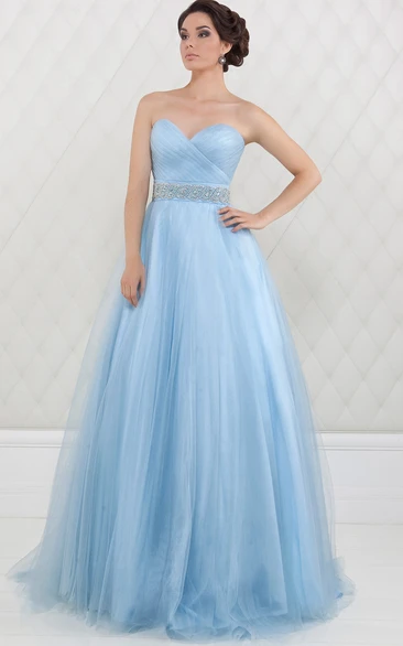 A-Line Sweetheart Criss-Cross Sleeveless Floor-Length Tulle Prom Dress With Waist Jewellery