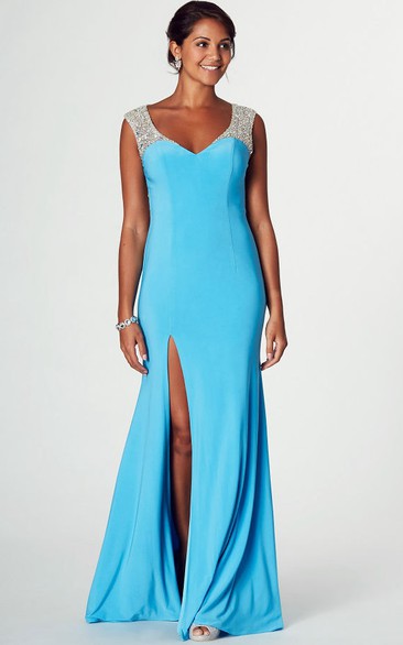 V-Neck Sleeveless Beaded Jersey Prom Dress
