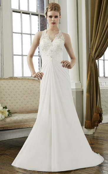 Sheath V-Neck Long Appliqued Sleeveless Chiffon Wedding Dress With Draping And Illusion Back
