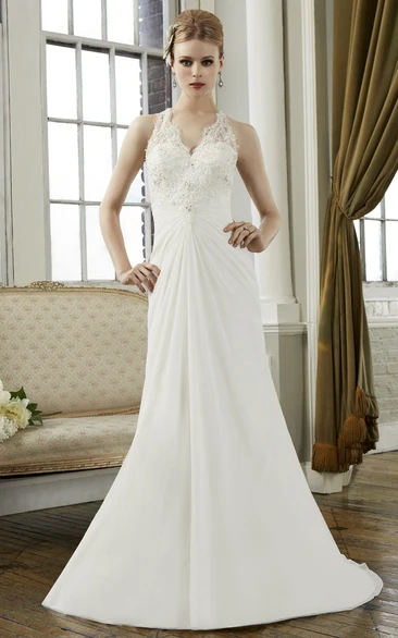 Sheath V-Neck Long Appliqued Sleeveless Chiffon Wedding Dress With Draping And Illusion Back