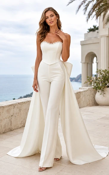 Strapless Wedding Jumpsuit with Bow Back Overskirt Train