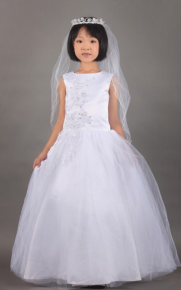 Sleeveless A-Line Ball Gown With Lace Appliques and Tulle Overlay