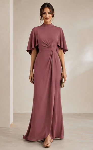 Mauve Bateau Cape Sleeve Floor-Length Sheath Dress