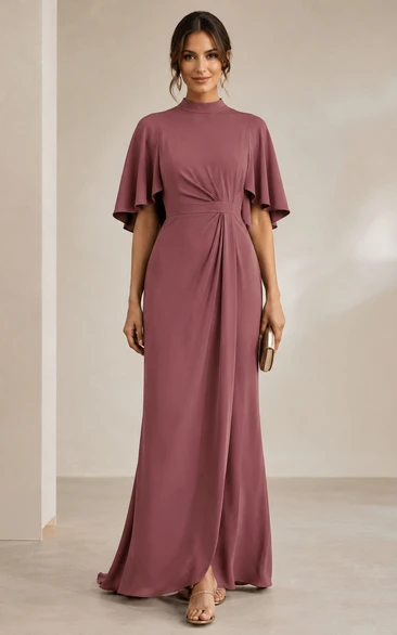 Mauve Bateau Cape Sleeve Floor-Length Sheath Dress