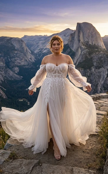 Plus Size Off Shoulder Boho Wedding Dress with Detachable Long Sleeves, Sweetheart Lace A-Line Bridal Gown with Split