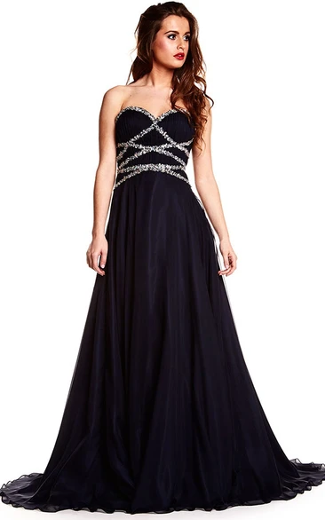 A-Line Sweetheart Sleeveless Beaded Chiffon Prom Dress With Brush Train
