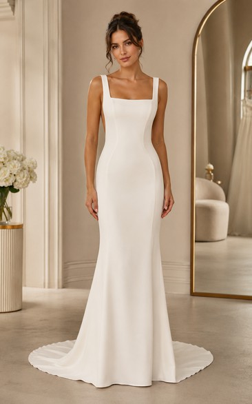 Square Neck Crepe Mermaid Wedding Dress with Wide Straps and Low V Back Train