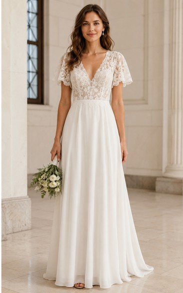 Simple Casual A-Line Wedding Dress Short Sleeve V-Neck Lace Chiffon Floor Length White