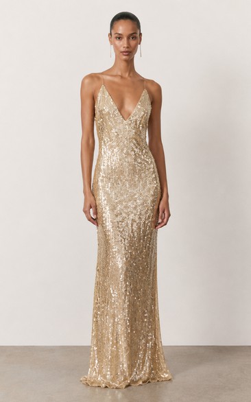 Sheath Sequin Evening Dress with V-neck, Sleeveless and Sequins, Floor Length