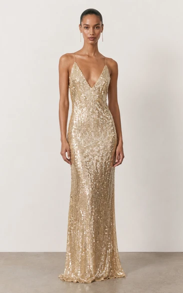 Sheath Sequin Evening Dress with V-neck, Sleeveless and Sequins, Floor Length