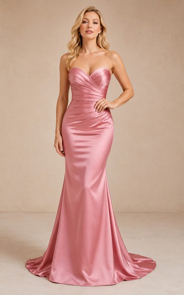 Dusty Rose Strapless Satin Mermaid Formal Dress with Sweetheart Neckline