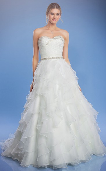 Long Sweetheart Criss-Cross Jeweled Organza Wedding Dress