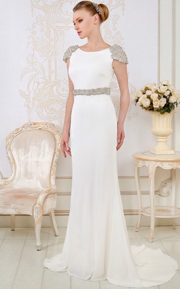 Sheath Maxi Cap-Sleeve Scoop-Neck Beaded Satin Chiffon Wedding Dress