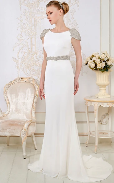 Sheath Maxi Cap-Sleeve Scoop-Neck Beaded Satin Chiffon Wedding Dress